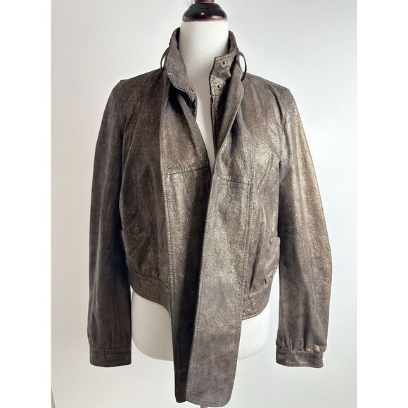 BAGATELLE Metallic Brown Leather Motorcycle Jacket Size Medium Scarf Tie Biker - Picture 15 of 16